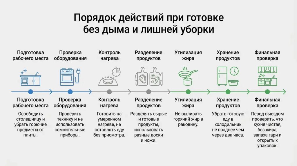 Порядок действий при готовке без дыма и лишней уборки